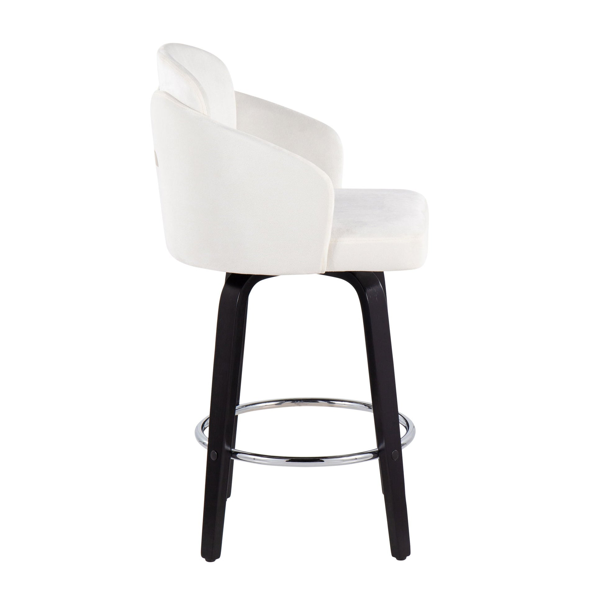 The Dahlia - Contemporary Counter Stool (Set of 2) features a white cushioned seat and backrest, dark wood legs, and a round chrome footrest, shown in side view against a white background.