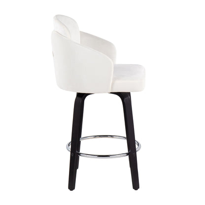 The Dahlia - Contemporary Counter Stool (Set of 2) features a white cushioned seat and backrest, dark wood legs, and a round chrome footrest, shown in side view against a white background.