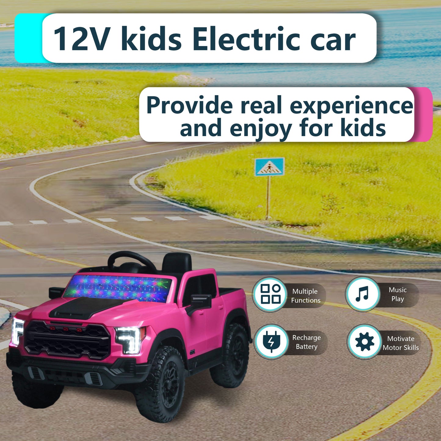 12V Kids Ride On Car With Remote Control, 4 Wheel Shock Absorption, Multifunctional Music Player Perfect Gift For Toddlers - Pink