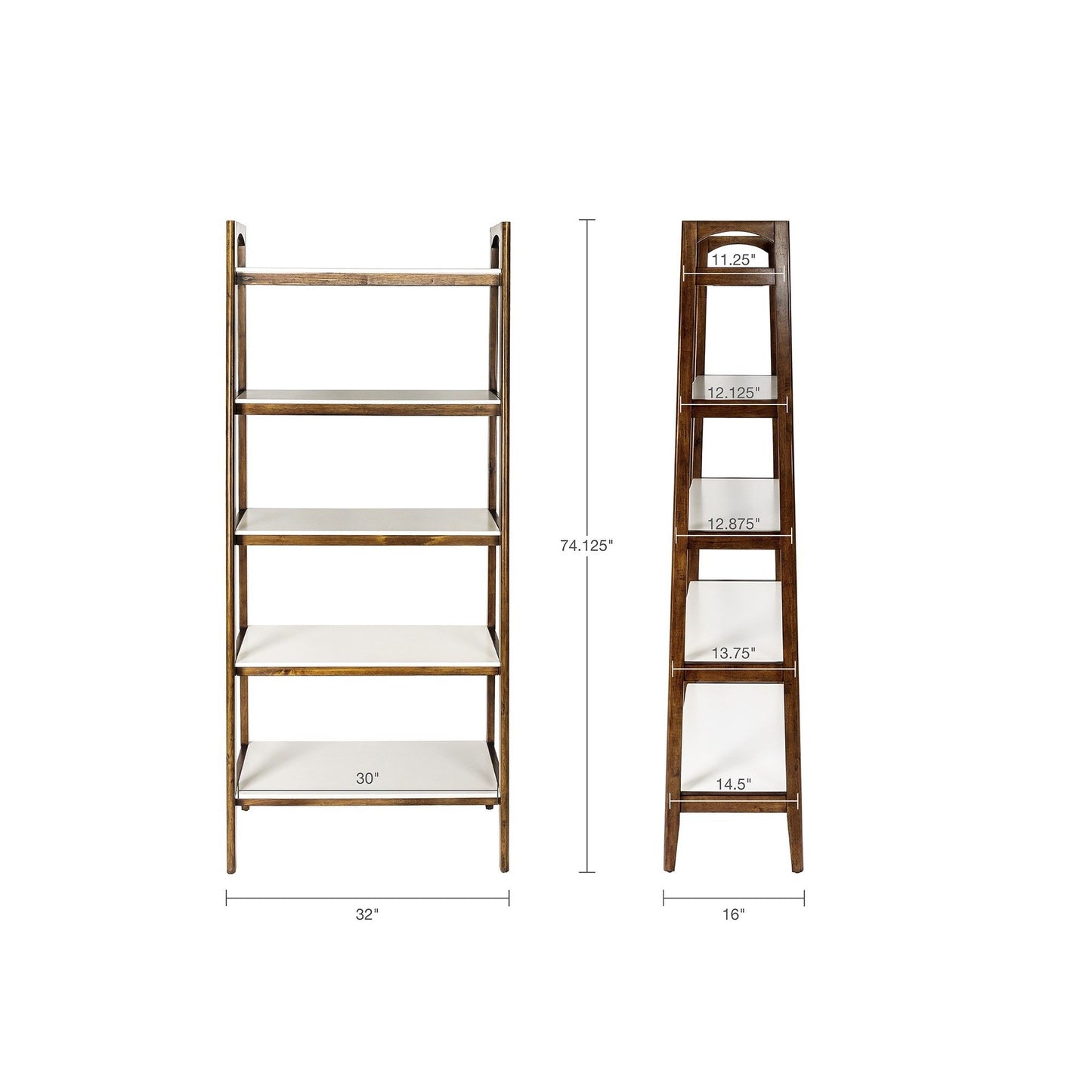 Front and side view of the Mid-Century Design 5 Shelf Bookcase in Off White/Pecan; measures 74.125" tall, 32" wide, 16" deep, shelves are 30" wide with depths from 11.25" to 14.5".