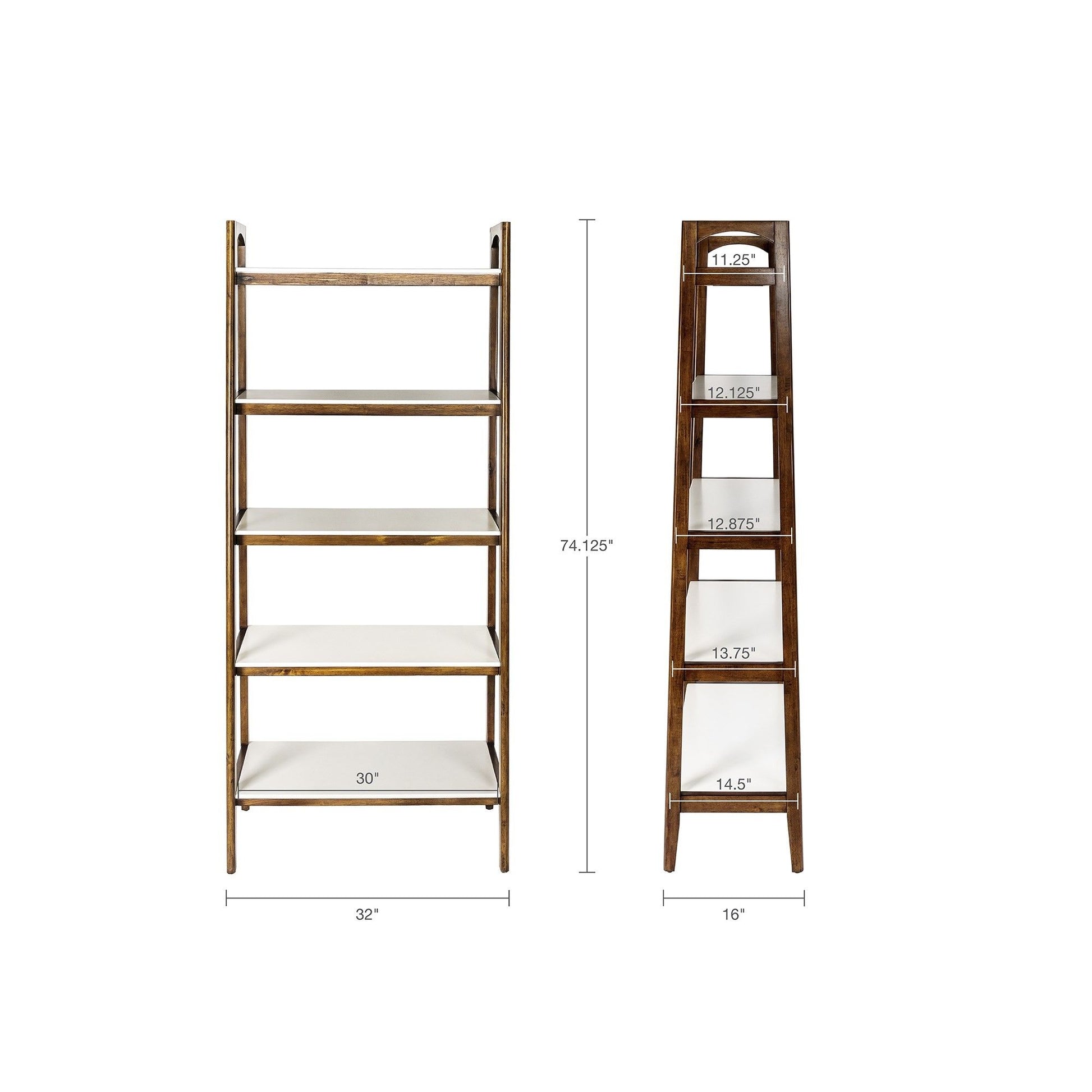 Front and side view of the Mid-Century Design 5 Shelf Bookcase in Off White/Pecan; measures 74.125" tall, 32" wide, 16" deep, shelves are 30" wide with depths from 11.25" to 14.5".