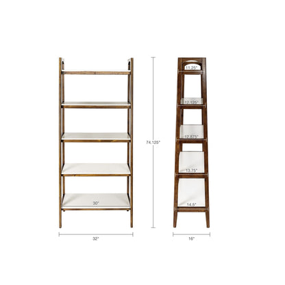 Front and side view of the Mid-Century Design 5 Shelf Bookcase in Off White/Pecan; measures 74.125" tall, 32" wide, 16" deep, shelves are 30" wide with depths from 11.25" to 14.5".