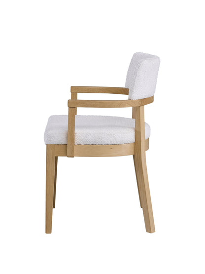 Side view of the Kasem - Gorge Fabric Side Chair (Set of 2) in white, featuring a minimalist modern design with a light wood frame, white upholstered seat and backrest, plus armrests.