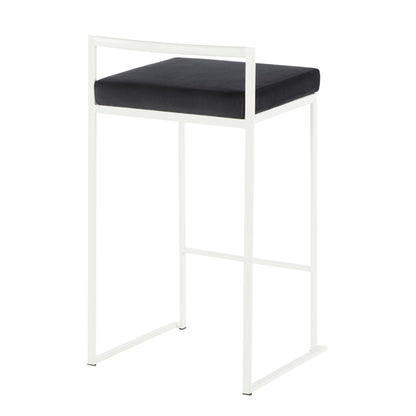 The Fuji - Simple Elegance Contemporary Stackable Counter Stool features a white metal frame, a rectangular black cushioned seat, a minimalistic low open back, and slender legs for a modern look.