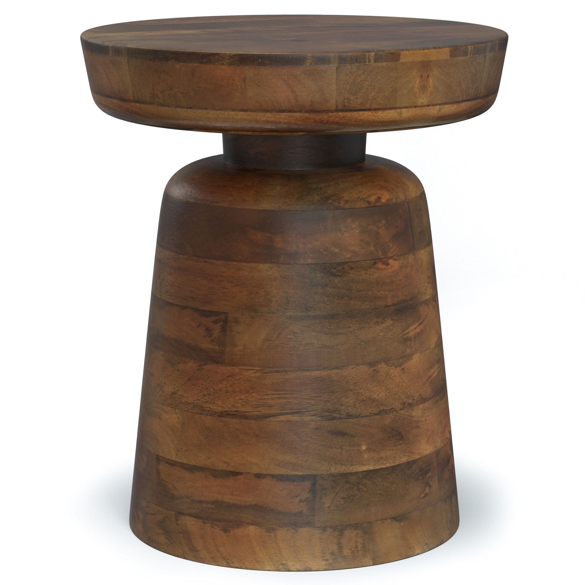 The Robbie - Handcrafted Accent Table is a round, wooden piece with a thick tabletop and wide, tapered base, showcasing a smooth polished finish and visible wood grain patterns.