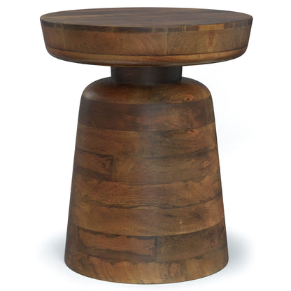 The Robbie - Handcrafted Accent Table is a round, wooden piece with a thick tabletop and wide, tapered base, showcasing a smooth polished finish and visible wood grain patterns.