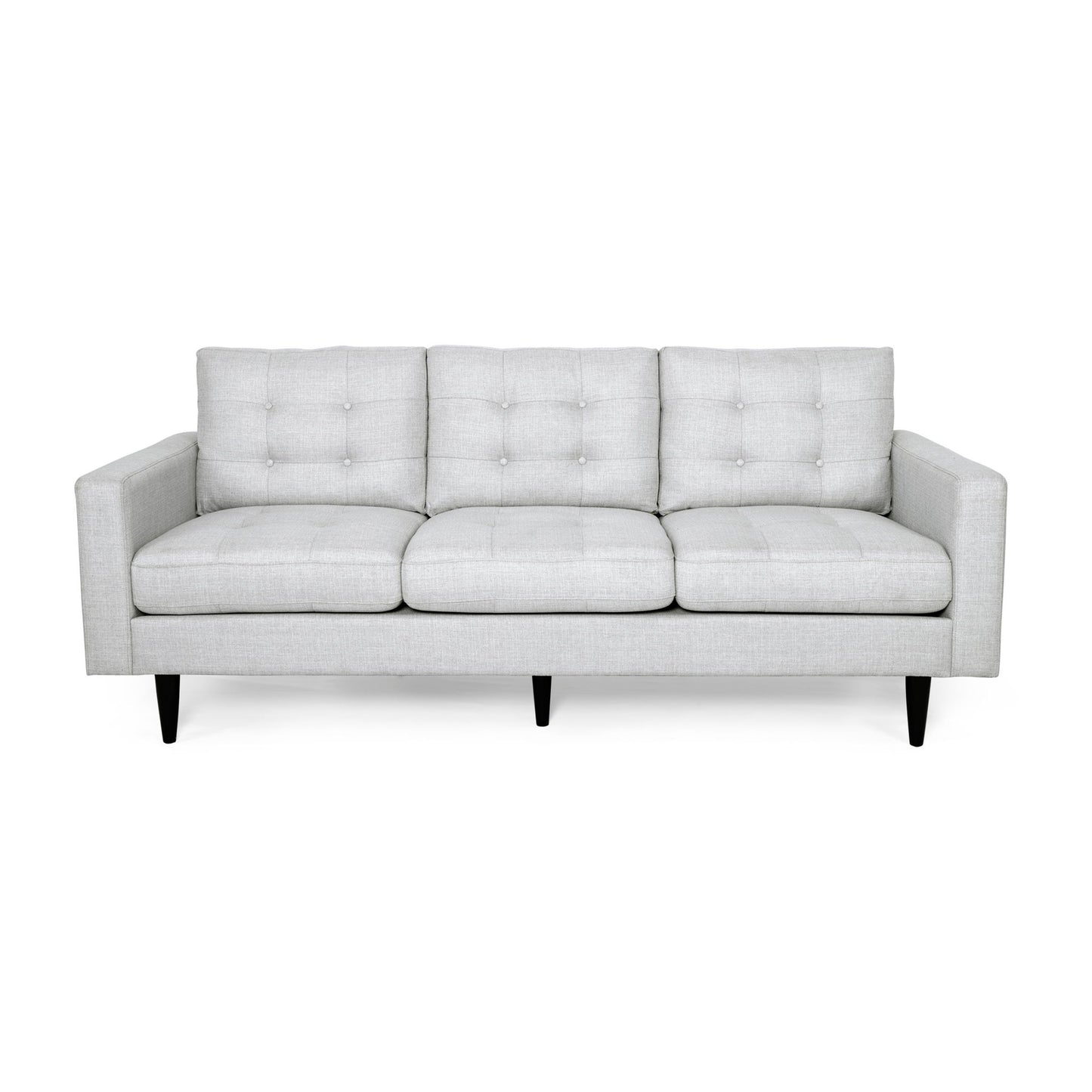 The Jenny Contemporary Tufted Fabric 3 Seater Sofa in light gray features tufted cushions and black tapered legs, shown from the front against a plain white background.