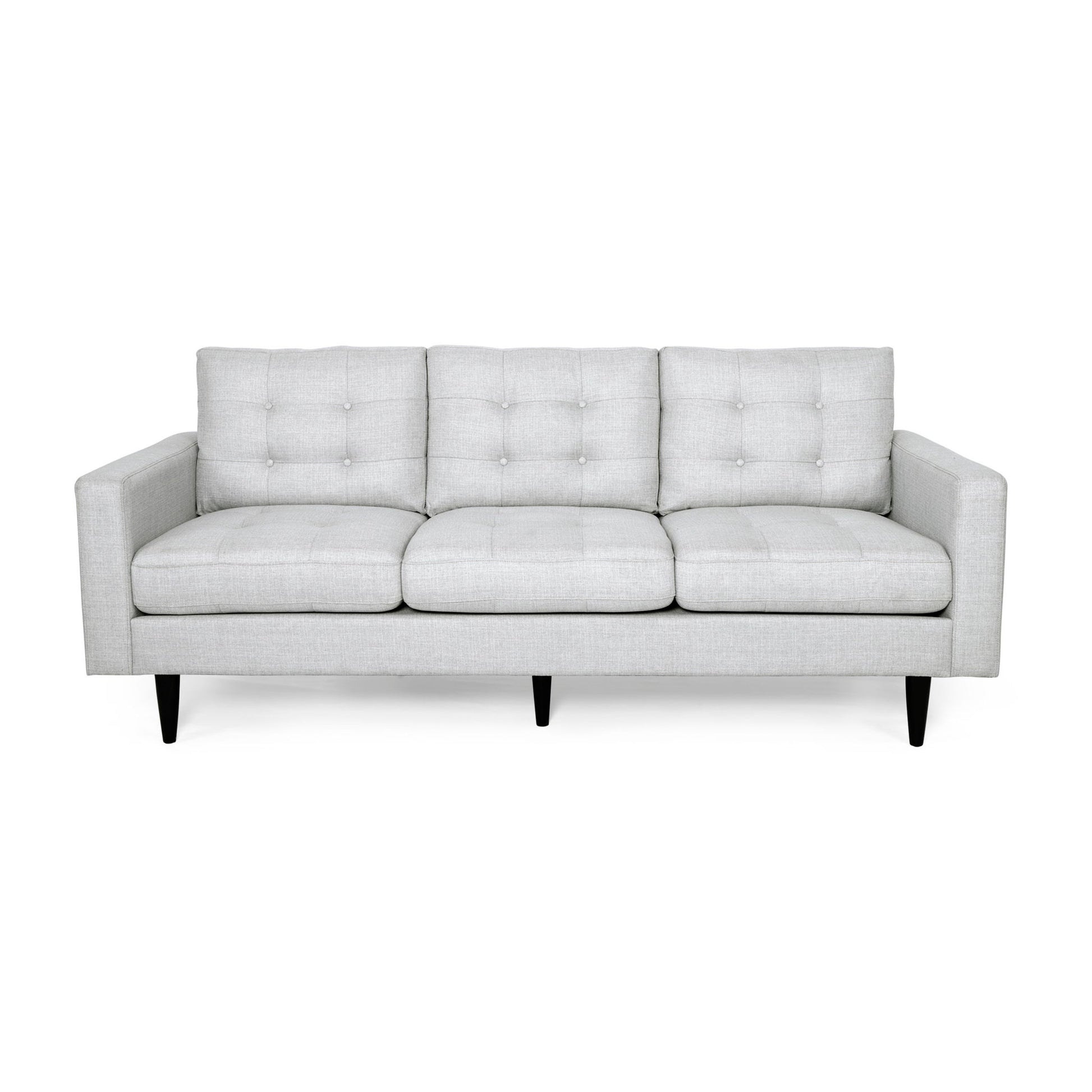 The Jenny Contemporary Tufted Fabric 3 Seater Sofa in light gray features tufted cushions and black tapered legs, shown from the front against a plain white background.