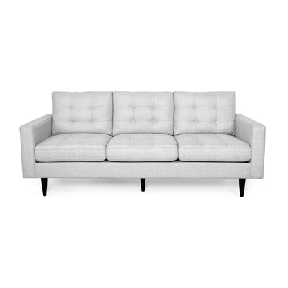 The Jenny Contemporary Tufted Fabric 3 Seater Sofa in light gray features tufted cushions and black tapered legs, shown from the front against a plain white background.