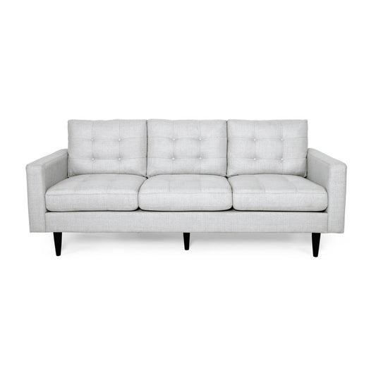 The Jenny Contemporary Tufted Fabric 3 Seater Sofa in light gray features tufted cushions and black tapered legs, shown from the front against a plain white background.
