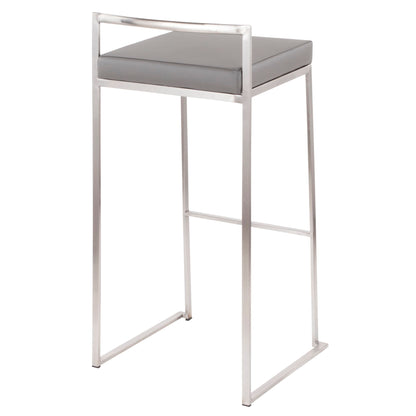 The Fuji barstool features a sleek silver metal frame, low rectangular backrest, and square cushioned gray seat. Its stackable design is contemporary and elegant, making it perfect for modern spaces.