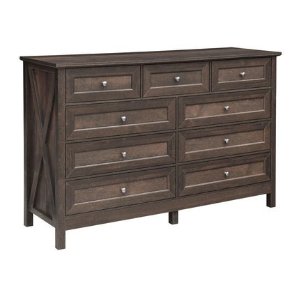 Rustic Storage Dresser With 9 Drawers And Silver Handle