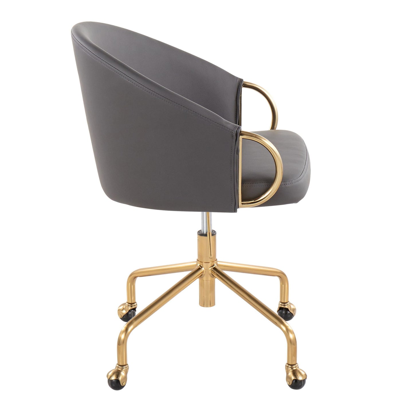 The Claire - Stylish Design Contemporary / Glam Task Chair features a gray curved backrest and seat, gold metal armrests, and a gold five-star wheeled base, shown in a side view.