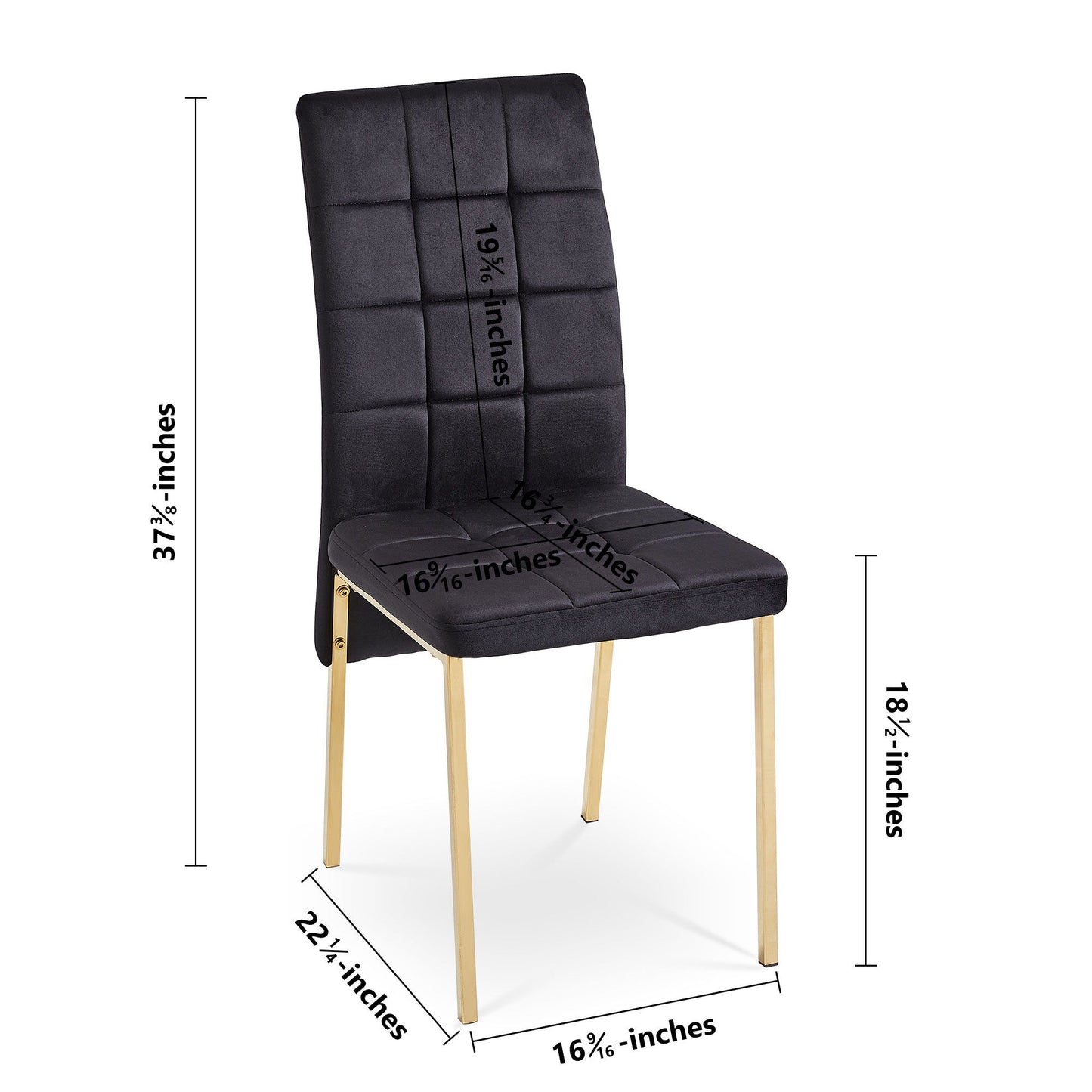 The Velvet High Back Nordic Dining Chair with golden legs is shown in black upholstery, measuring 37.5"H x 22.5"D x 16"W, with an 18" seat height. All dimensions are labeled on the chair in the image.