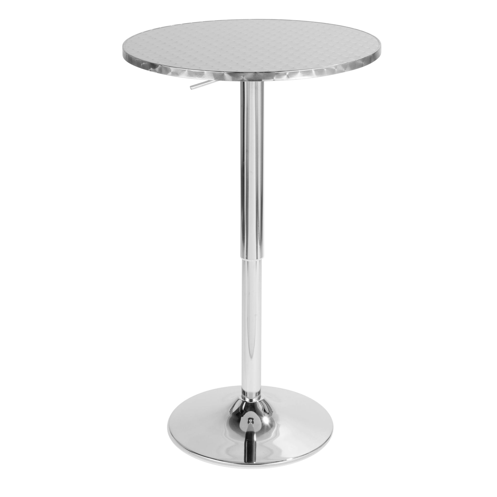The Ale 3 Piece Bar Set features a contemporary round bar table with a silver metal top and shiny chrome pedestal base, complete with an adjustable oval footrest, shown solo against a white background.