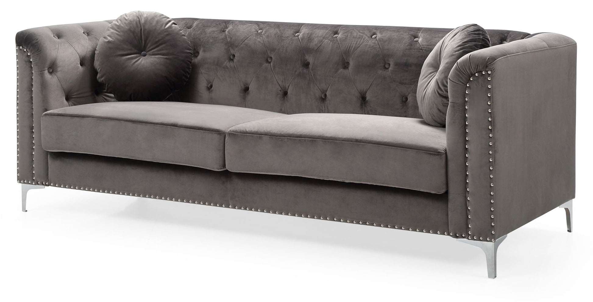 The Elegant Contemporary Sofa features gray velvet upholstery, a button-tufted back and arms, silver nailhead trim, slim metal legs, and includes two round throw pillows for a modern, elegant look.