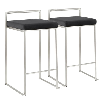 The Fuji Contemporary Elegant Stackable Counter Stool Set includes two modern stools with sleek metal frames, black cushioned square seats, low rectangular backs, and minimalist design. Each features four straight legs connected by horizontal supports.