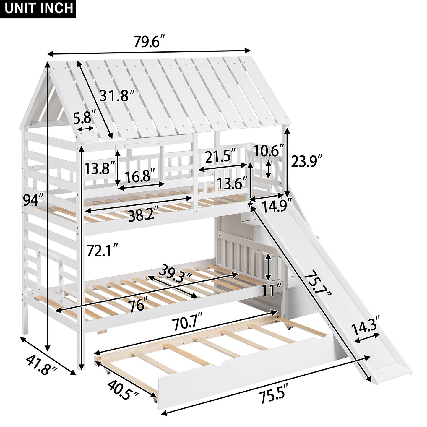House Bunk Bed With Trundle, Storage Staircase, Roof And Window Design