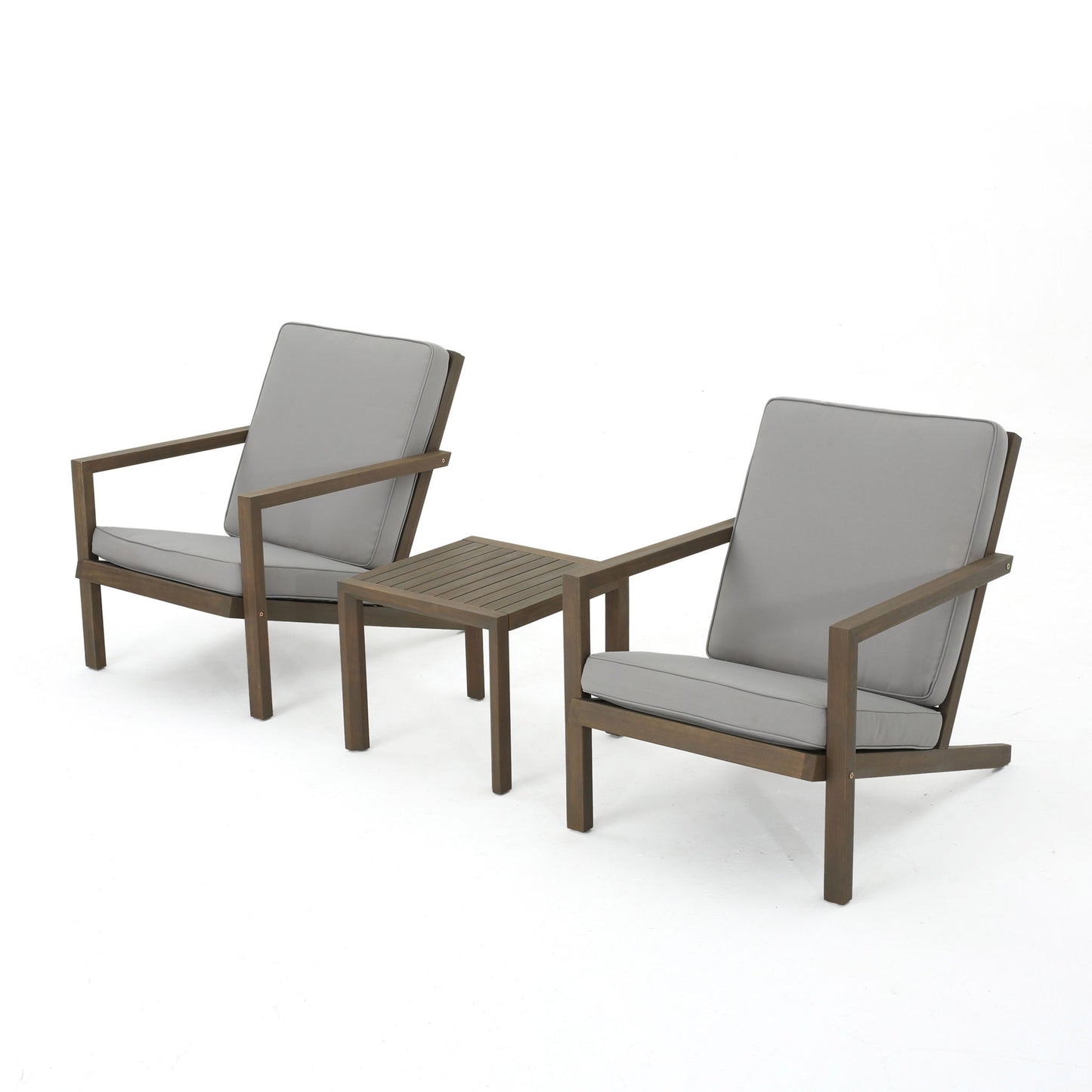 The Celestaria 3 Piece Outdoor Chat Set features two Adirondack chairs with light gray cushions and a matching side table, all arranged against a plain white background.