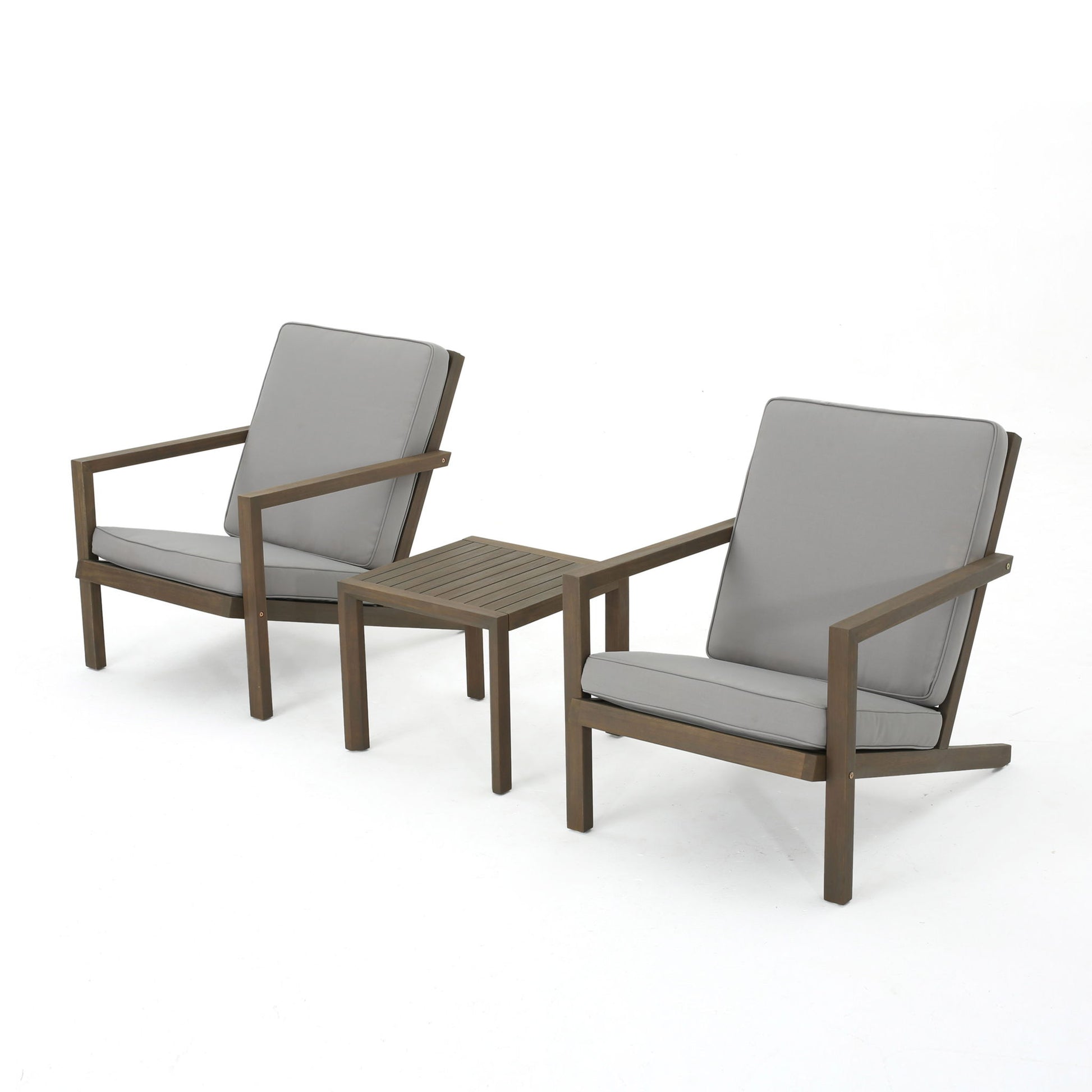 The Celestaria 3 Piece Outdoor Chat Set features two Adirondack chairs with light gray cushions and a matching side table, all arranged against a plain white background.