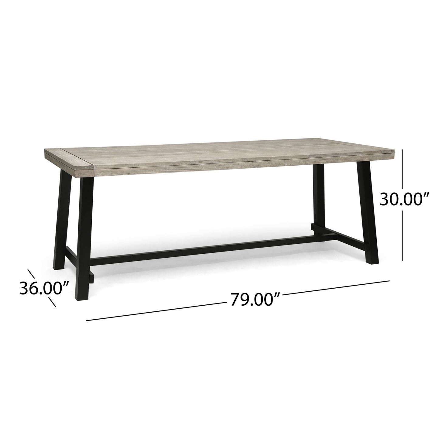 The Equilibrium Outdoor Dining Table features a wooden frame, a slatted light wood top, and black metal legs. Its dimensions are 79"L x 36"W x 30"H.