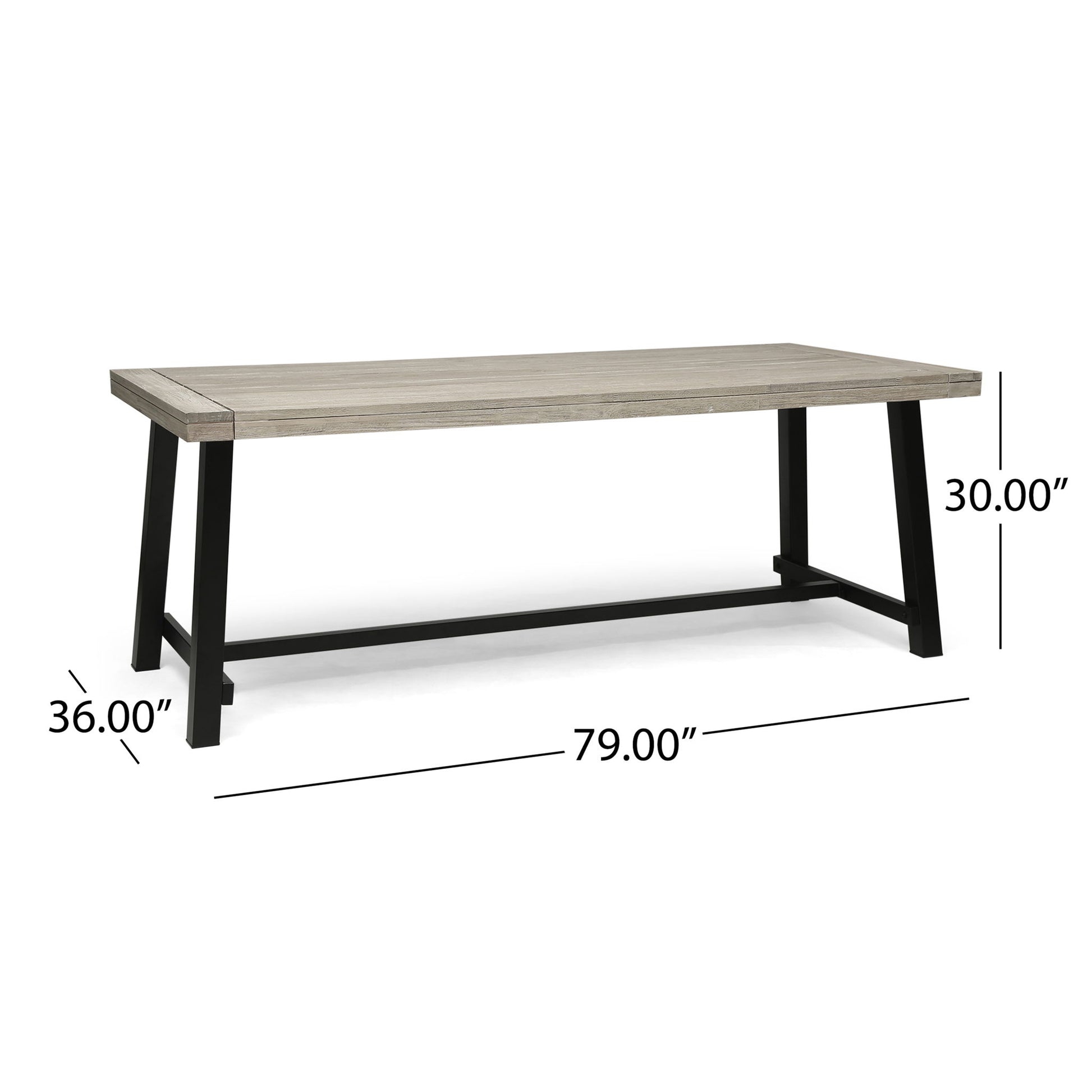 The Equilibrium Outdoor Dining Table features a wooden frame, a slatted light wood top, and black metal legs. Its dimensions are 79"L x 36"W x 30"H.