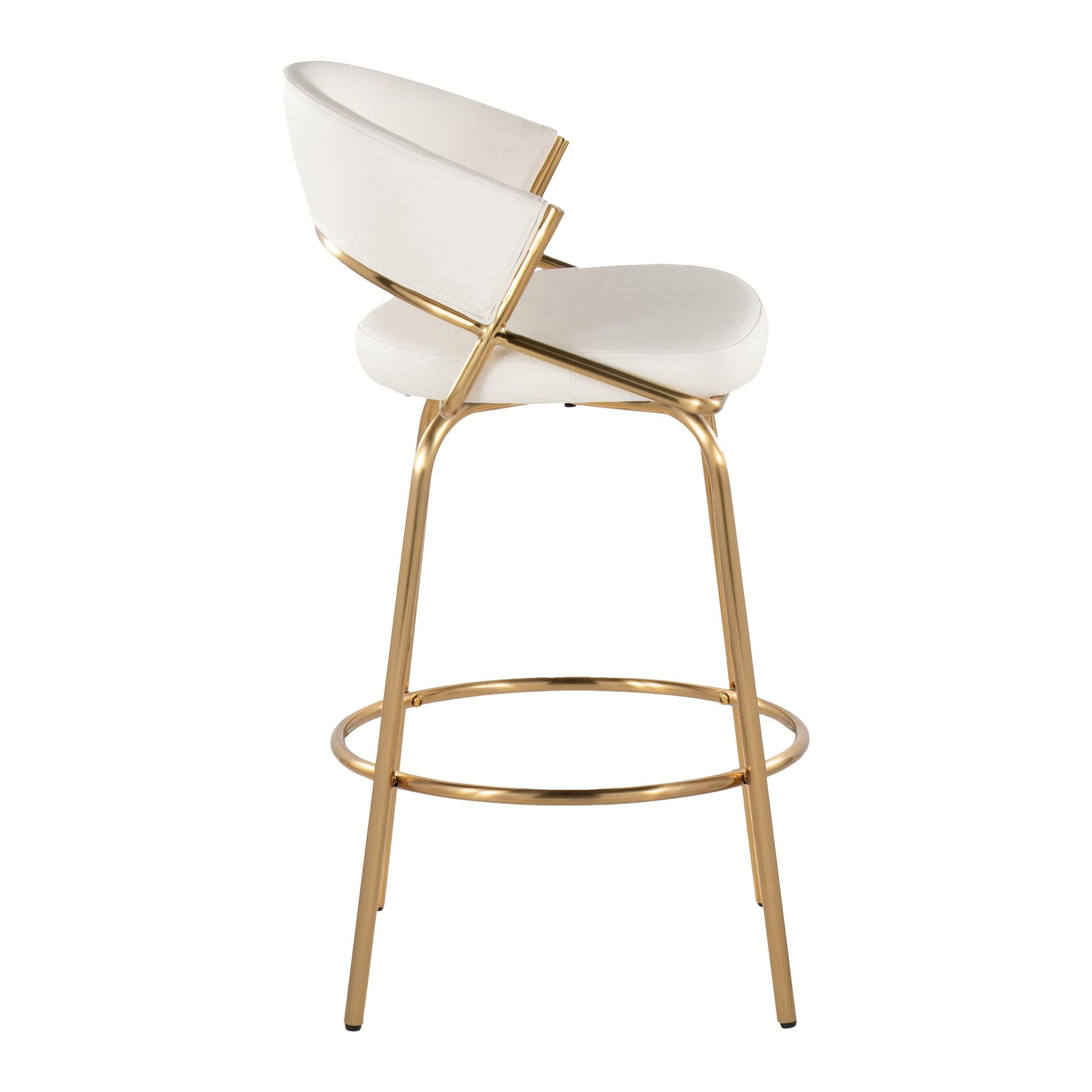 The Jie - Glam Fixed Height Counter Stool (Set of 2) features a modern white cushioned seat and backrest, sleek gold metal frame and legs, and a circular footrest. Shown in a side profile view.