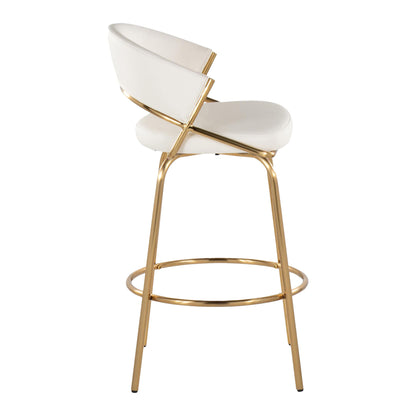 The Jie - Glam Fixed Height Counter Stool (Set of 2) features a modern white cushioned seat and backrest, sleek gold metal frame and legs, and a circular footrest. Shown in a side profile view.