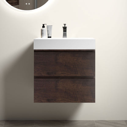 The Alice wall-mounted bathroom vanity features a modern design with a white one-piece rectangular sink, dark wood two-drawer cabinet, and spacious storage, set against a light wall and tiled floor. Faucet and drain are not included.