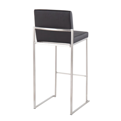 The Fuji - Contemporary and Modern Elegance High Back Barstool features a black cushioned seat and backrest, high back, no armrests, and a sleek silver-finished minimalist metal frame.