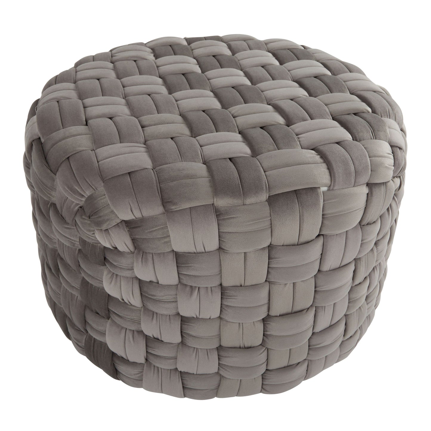 The Braided - Versatile Round Ottoman features a chunky gray woven fabric design for a textured, cozy look.
