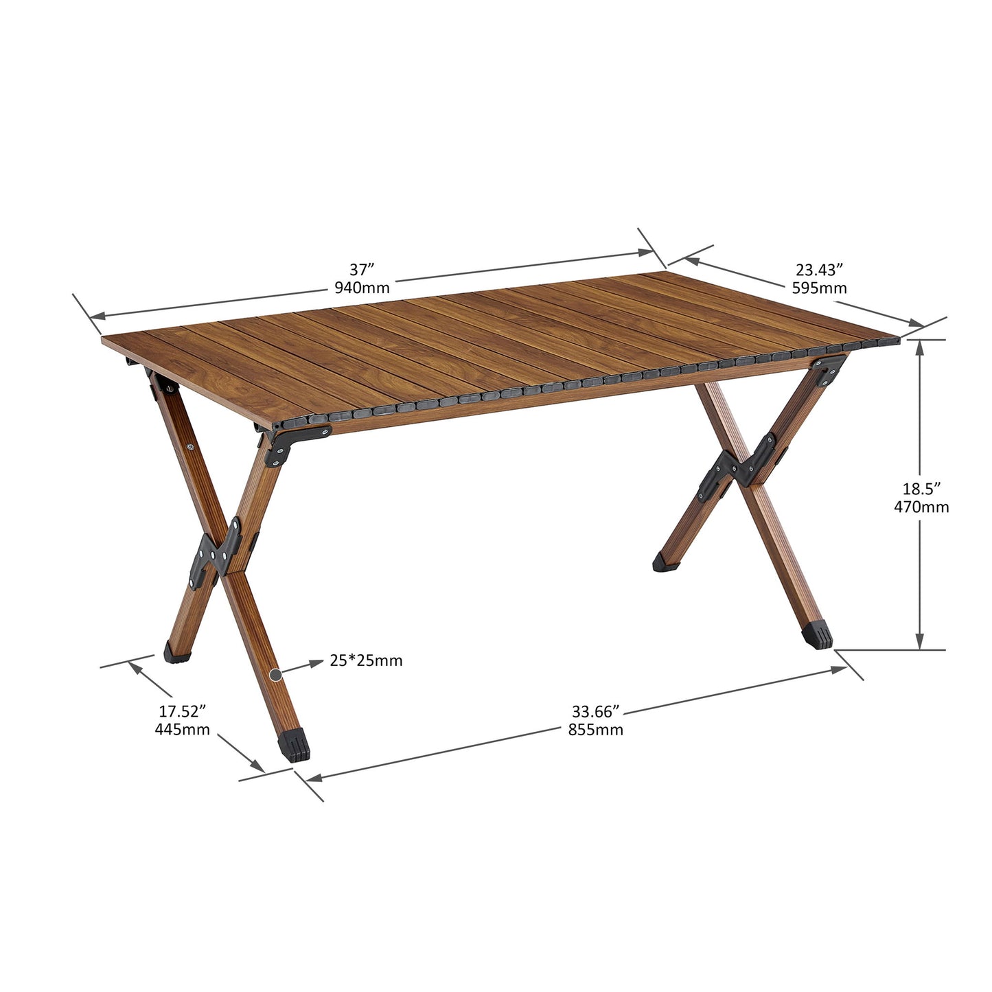 Folding Outdoor Table: lightweight aluminum, rectangular roll-up design, brown; dimensions—37" (940mm) L, 23.43" (595mm) W, 18.5" (470mm) H; legs: 17.52" (445mm), 33.66" (855mm); ideal for camping, picnics, patio & more.