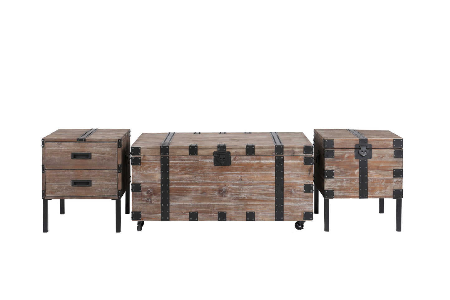 The Trunk Table and Side Table With Large Storage Set of 3 in Antique Gray features a large wheeled trunk, two-drawer chest, and latch box—all with black metal accents—displayed against a white background.