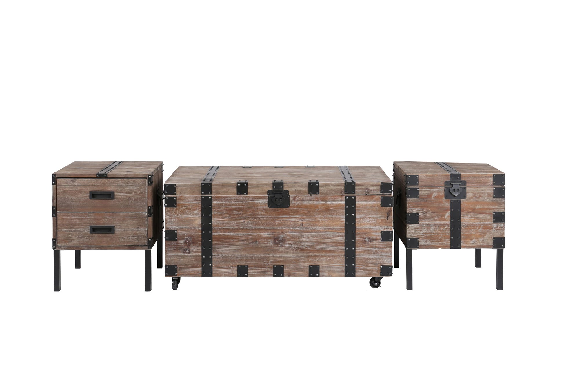The Trunk Table and Side Table With Large Storage Set of 3 in Antique Gray features a large wheeled trunk, two-drawer chest, and latch box—all with black metal accents—displayed against a white background.