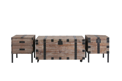 The Trunk Table and Side Table With Large Storage Set of 3 in Antique Gray features a large wheeled trunk, two-drawer chest, and latch box—all with black metal accents—displayed against a white background.