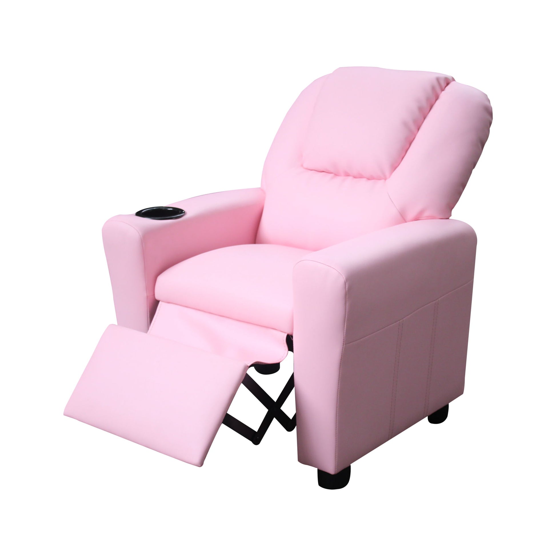 The Marisa - PU Leather Kids Recliner Chair features light pink upholstery, padded armrests, a right arm cup holder, and an extended footrest, shown isolated on a white background.