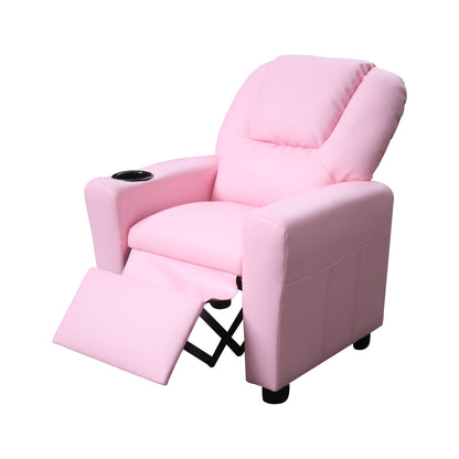The Marisa - PU Leather Kids Recliner Chair features light pink upholstery, padded armrests, a right arm cup holder, and an extended footrest, shown isolated on a white background.