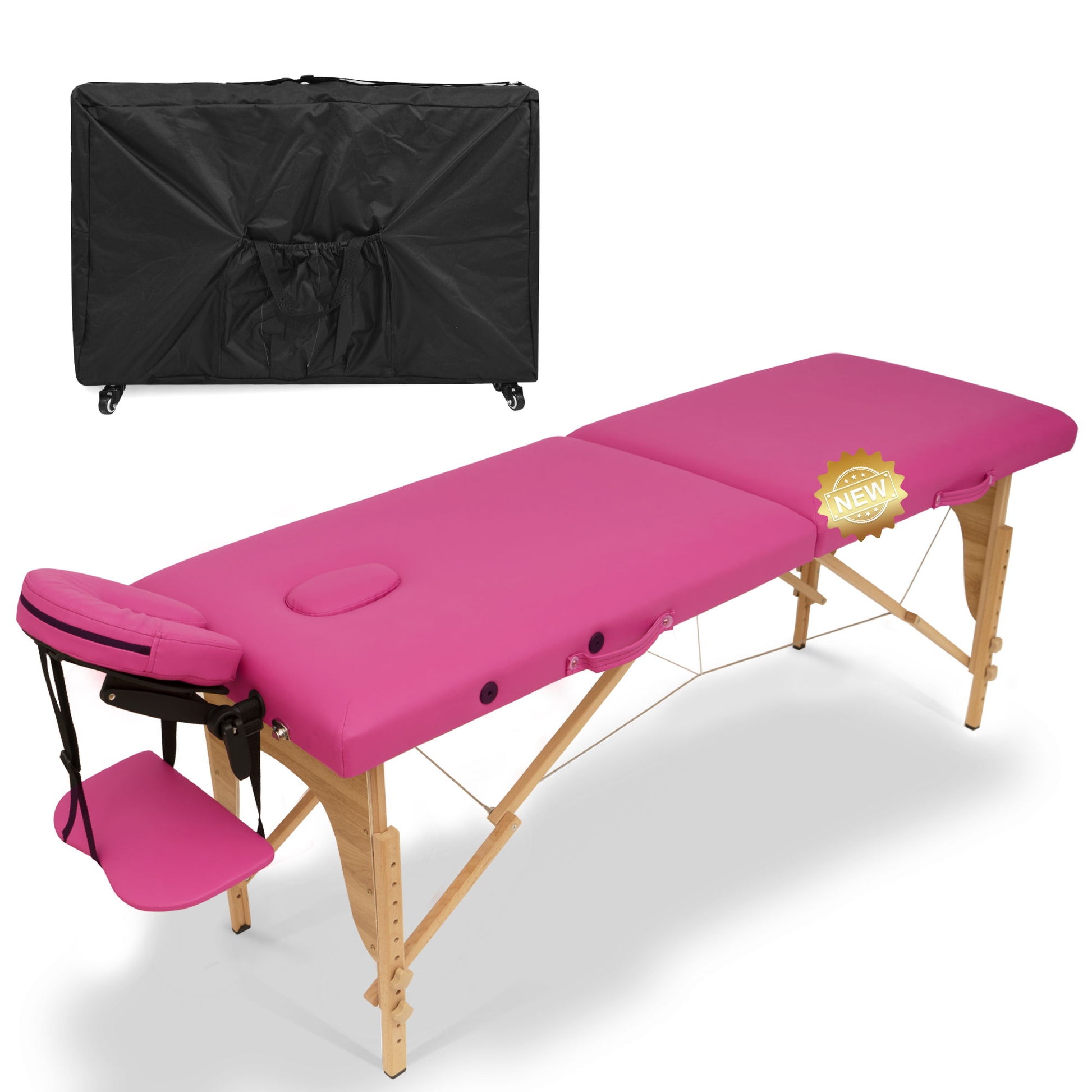 The Rose Massage Table Portable Massage Bed features wooden legs, an adjustable face cradle, and folds into a black carrying case for easy transport. Shown both unfolded and folded with the carrying case in the background.