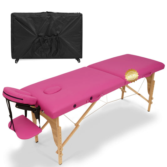 The Rose Massage Table Portable Massage Bed features wooden legs, an adjustable face cradle, and folds into a black carrying case for easy transport. Shown both unfolded and folded with the carrying case in the background.