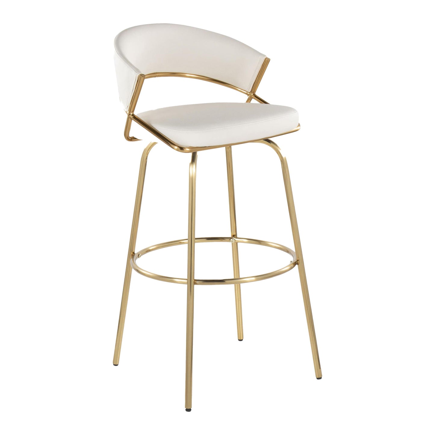 The Jie Fixed Height Contemporary Barstool Set features a curved white cushioned seat and backrest, swivel function, and sleek gold metal legs with a round footrest. Set of 2.
