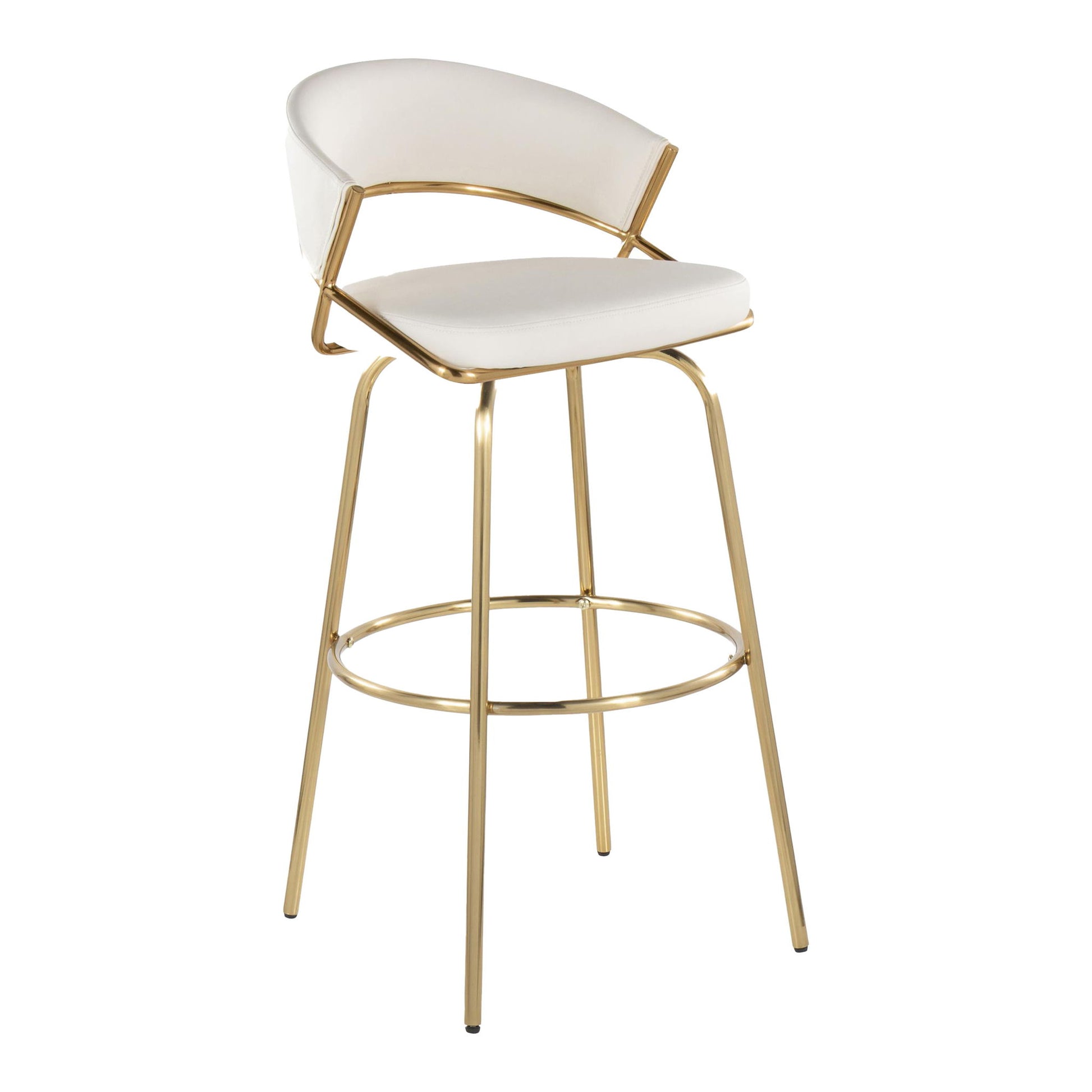 The Jie Fixed Height Contemporary Barstool Set features a curved white cushioned seat and backrest, swivel function, and sleek gold metal legs with a round footrest. Set of 2.