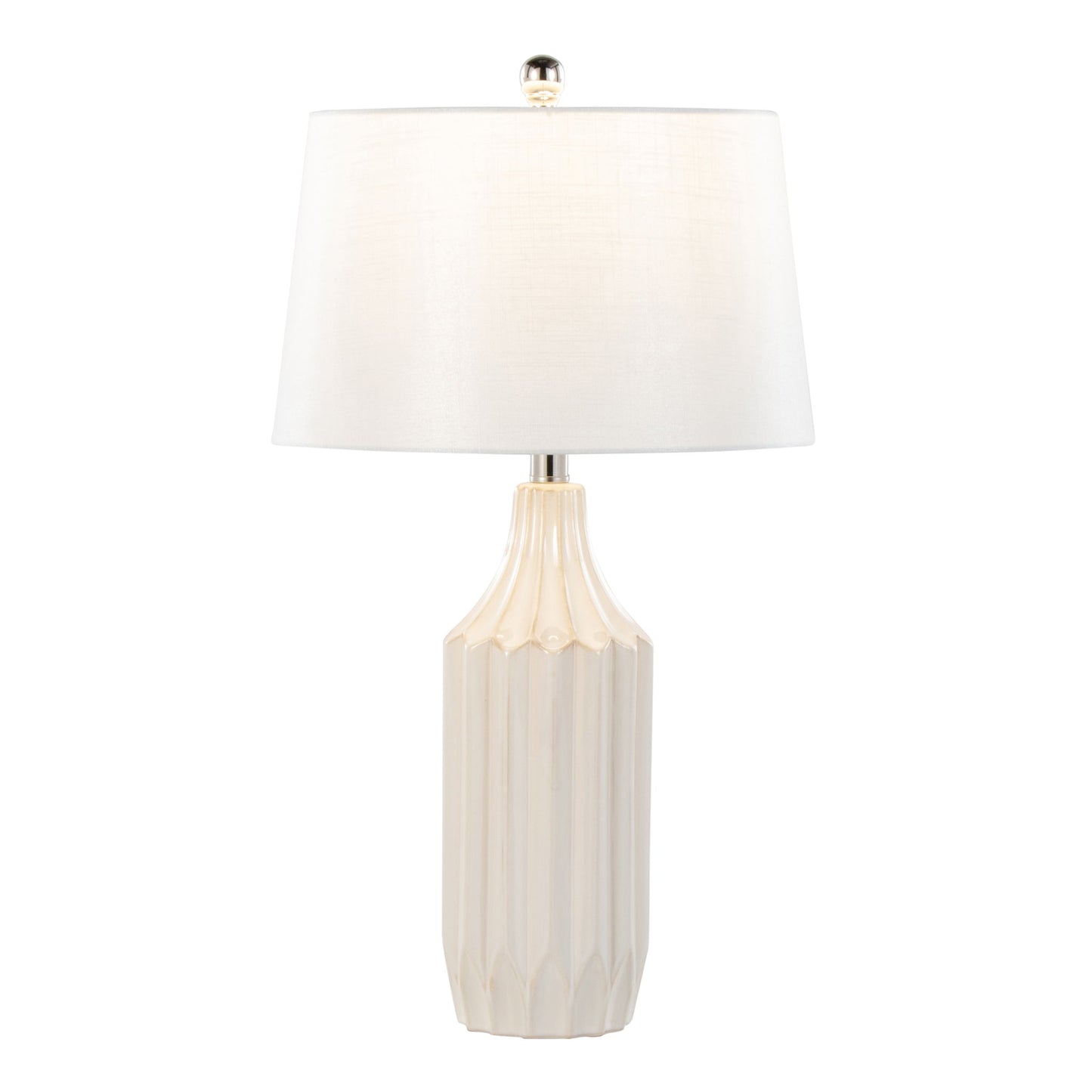 The Stella - Contemporary Table Lamp features a white, faceted ceramic base, a large round white fabric shade, and a silver finial on top for a sleek, minimalist look.