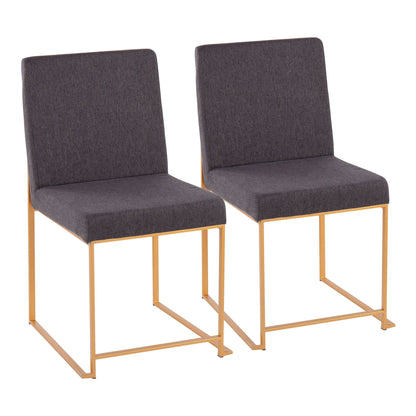The Fuji High Back Dining Chair set includes two contemporary chairs with dark gray upholstered seats and backs, sleek gold square metal frames, armless design, and a modern look—perfect for stylish dining spaces.