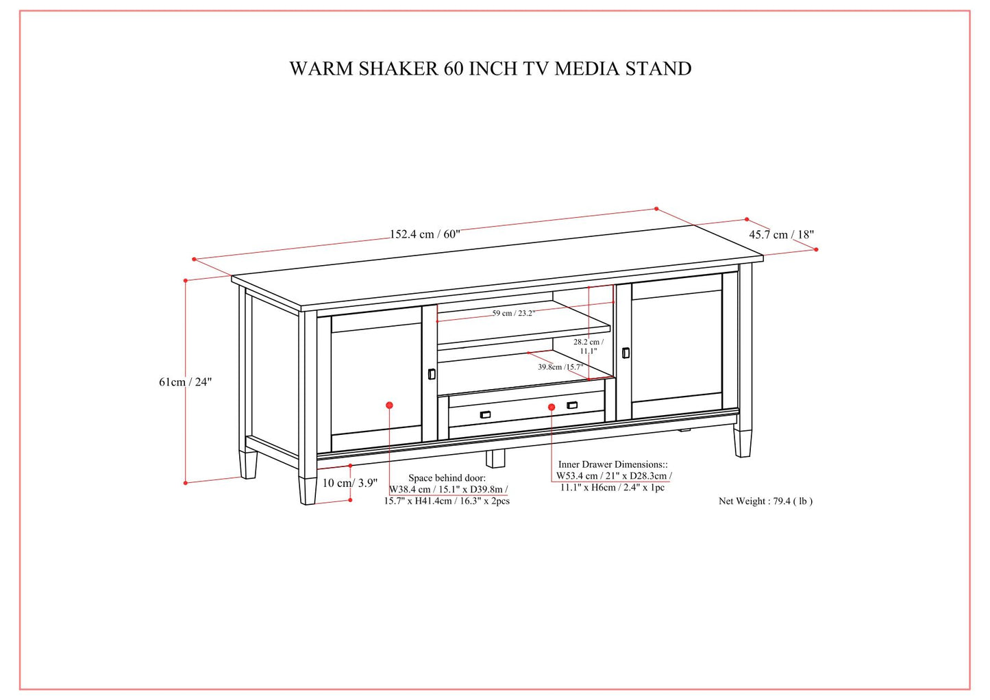 Line drawing of the Warm Shaker - TV Media Stand - Brown (60-inch), showing labeled dimensions for shelves, drawers, and storage spaces, including height, width, depth, and inner measurements.