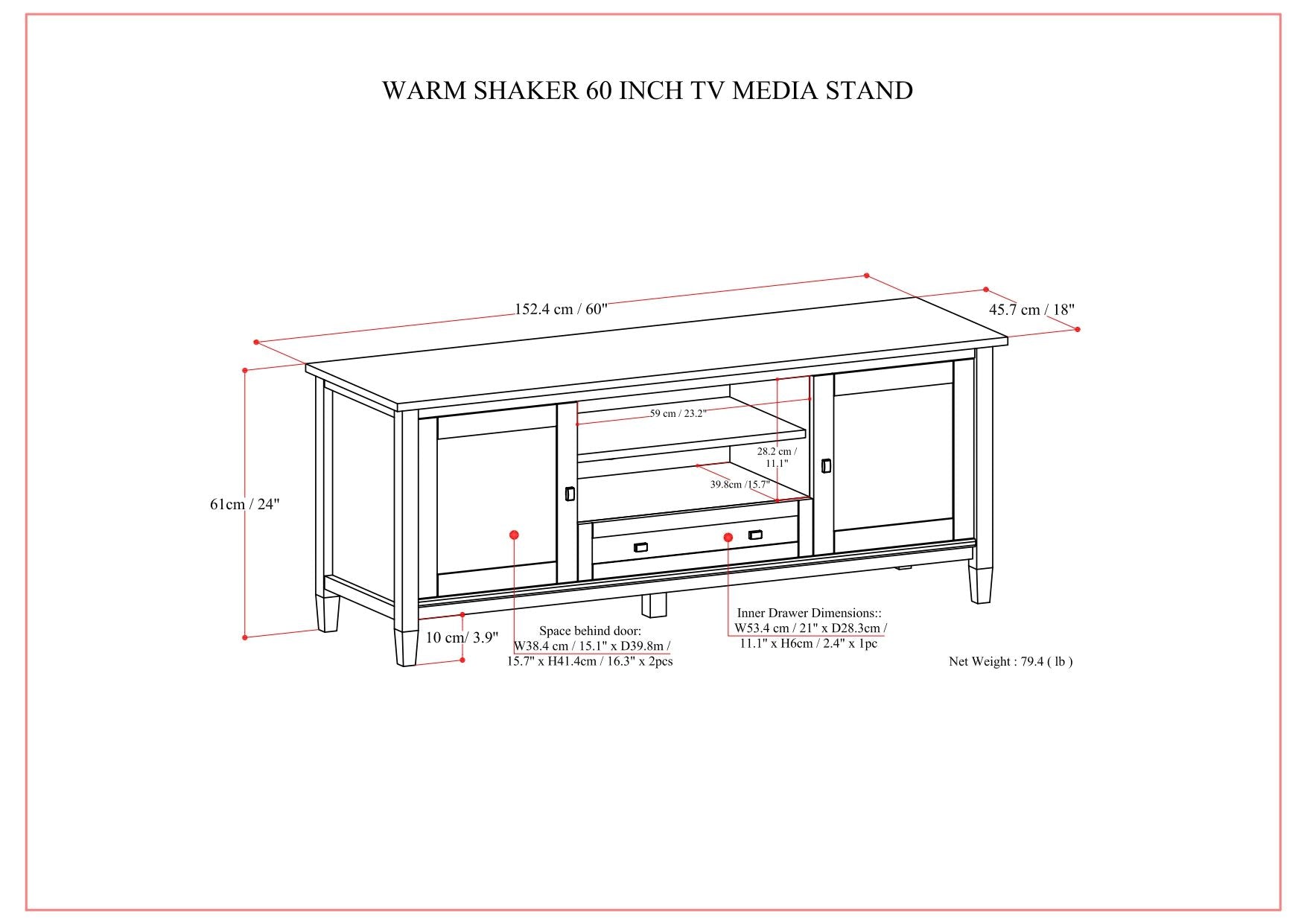Line drawing of the Warm Shaker - TV Media Stand - Brown (60-inch), showing labeled dimensions for shelves, drawers, and storage spaces, including height, width, depth, and inner measurements.