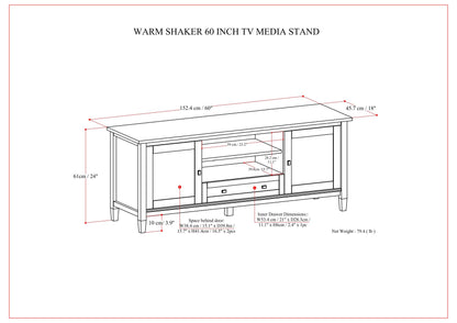 Line drawing of the Warm Shaker - TV Media Stand - Brown (60-inch), showing labeled dimensions for shelves, drawers, and storage spaces, including height, width, depth, and inner measurements.
