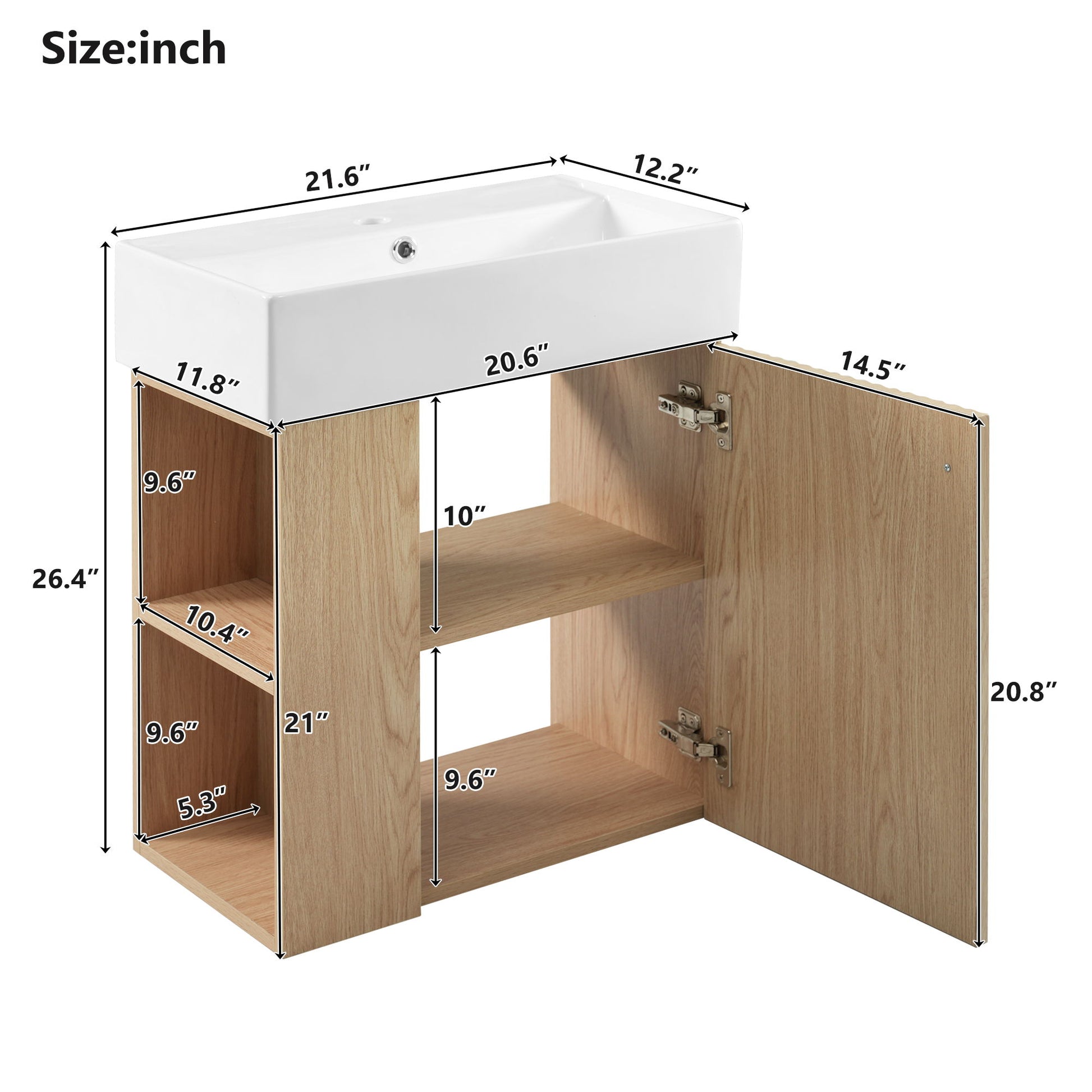 Modern Floating Bathroom Vanity with a white rectangular ceramic basin on top and a light wood cabinet below, measurements for width, depth, and height shown in inches, with one cabinet door open. Perfect for small bathrooms.