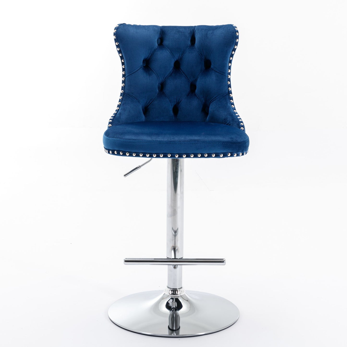 Set of 2 Swivel Velvet Barstools with tufted backs, chrome pedestal bases, adjustable seat height from 25–33", and footrests. Modern blue upholstered stools with silver nailhead trim, perfect for home pub or kitchen island.