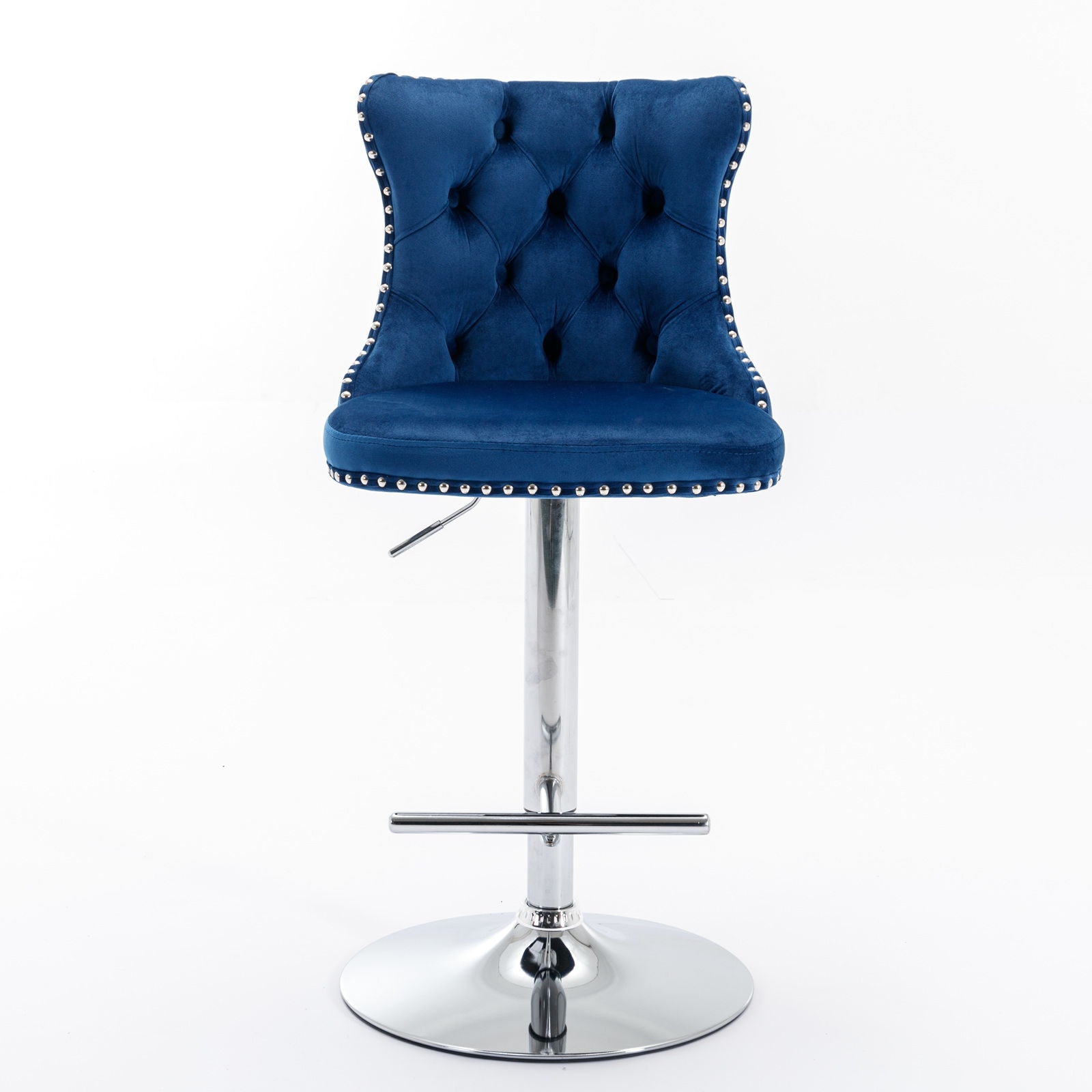 Set of 2 Swivel Velvet Barstools with tufted backs, chrome pedestal bases, adjustable seat height from 25–33", and footrests. Modern blue upholstered stools with silver nailhead trim, perfect for home pub or kitchen island.