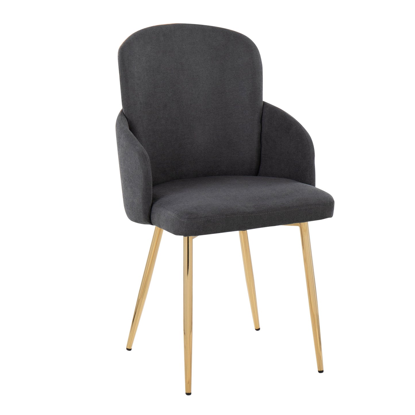 The Dahlia - Contemporary Dining Chair (Set of 2) features a modern curved dark gray upholstered seat and backrest, complemented by slim, angled gold metal legs.